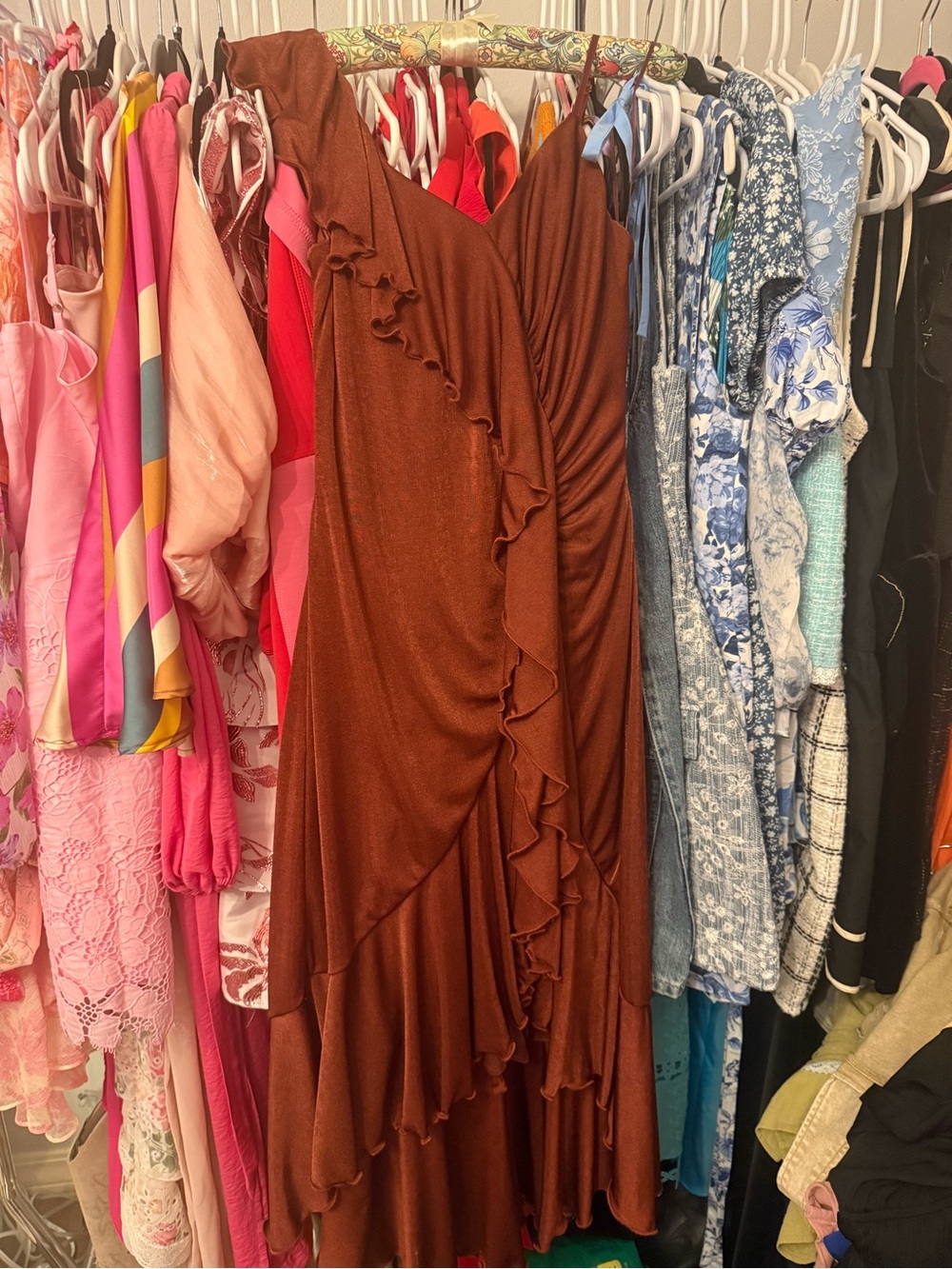 Anthropologie Rust Brown Asymmetrical Ruffle Dress